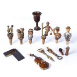 Collection of treen and miscellaneous items to include: carved novelty bottle stoppers with