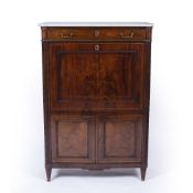 Mahogany and brass inlaid marble top escritoire French, 19th Century having a fall front with fitted