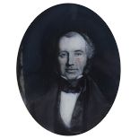 19th Century English School miniature portrait of a seated gentleman, painting on glass, unsigned,