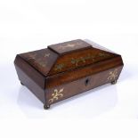 Regency work box walnut, with brass inlay and bun feet, with fitted interior and accessories