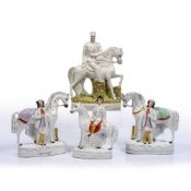 Four Staffordshire pottery horse and figure groups 19th Century and later, to include 'Rarey' 24cm