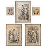 Group of five prints after Richard Cosway Regency period, Ackerman label to one, 29cm x 21cm