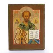 Icon Russian, 19th Century, depicting a saint holding open the book of the Gospels, with further