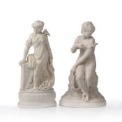 Two parian ware figure groups of ladies with a dove on their shoulders, both unmarked, the