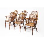 Near set of six yew-wood and elm Windsor elbow chairs 19th Century, each with pierced splat back,