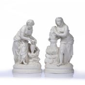 Two parian ware figure groups one of a woman with wheat, unmarked, 33cm high, the other of a