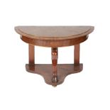 Flame mahogany demi lune hall table 19th Century, on carved support, 126cm wide, 56cm deep, 69cm