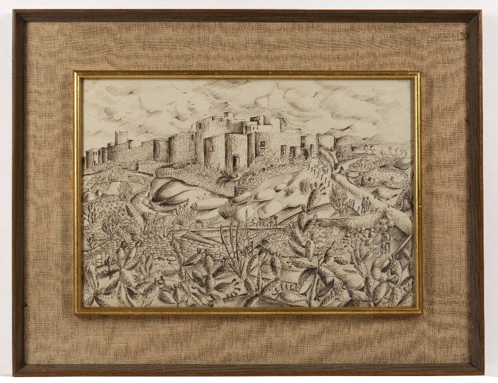 Mercy Hunter (b.1910) Continental walled town signed (to reverse) pen and ink 33 x 47cm. Provenance: - Image 2 of 3