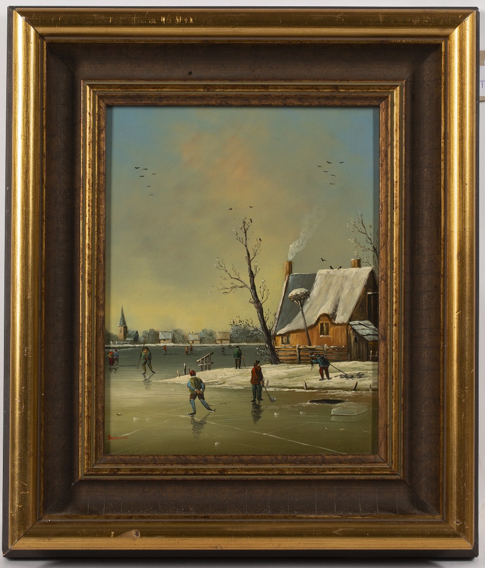 Breeveld (20th Century) A frozen river landscape with skaters signed, oil on panel 24 x 19cm; and - Image 2 of 4