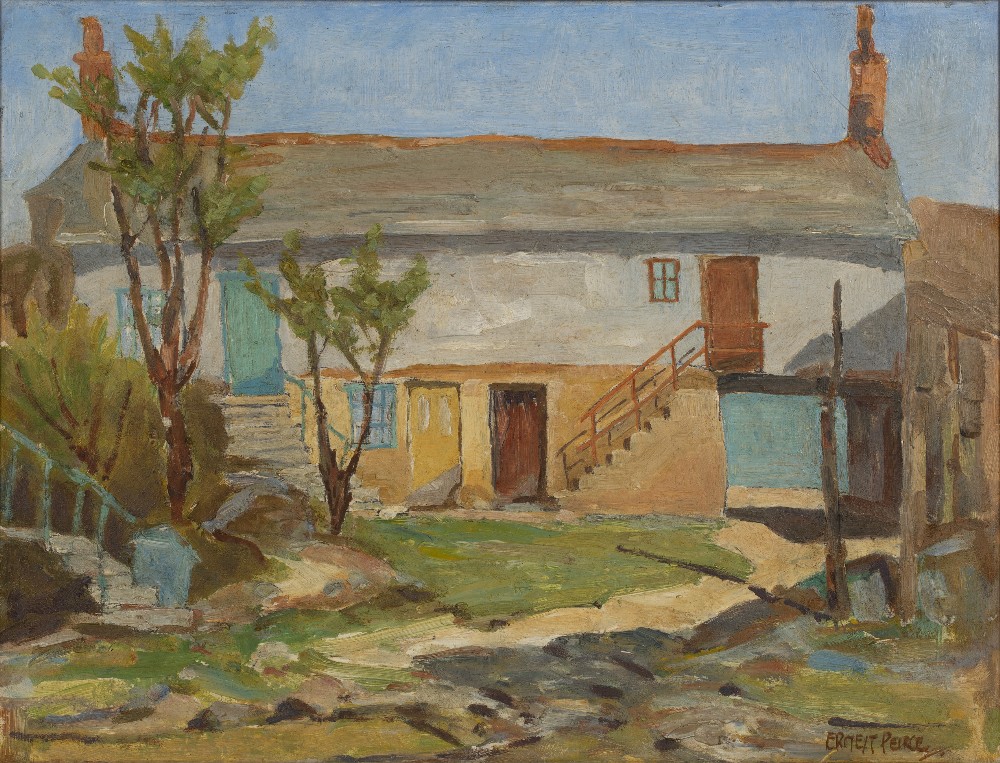 Ernest Peirce (20th Century Cornish School) Barn buildings signed (lower right) oil on board 30 x