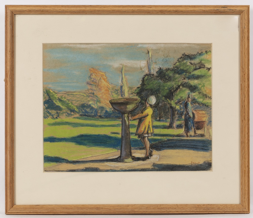 Philip Brown (20th Century) Woman standing by a fountain signed (lower right) pastels 23 x 29cm. - Image 2 of 3