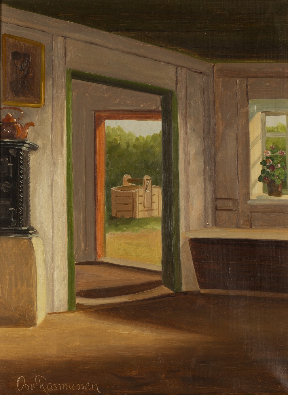 Osvald Rasmussen (1885-1972) Interior view looking through to a garden signed (lower left) oil on