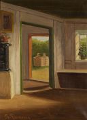 Osvald Rasmussen (1885-1972) Interior view looking through to a garden signed (lower left) oil on
