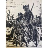 Modern School Don Quixote, 1956 indistinctly signed 'Held?' and dated linocut 30 x 24cm, unframed.