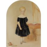 19th Century English School Portrait of a young child, standing beside a stool pencil and