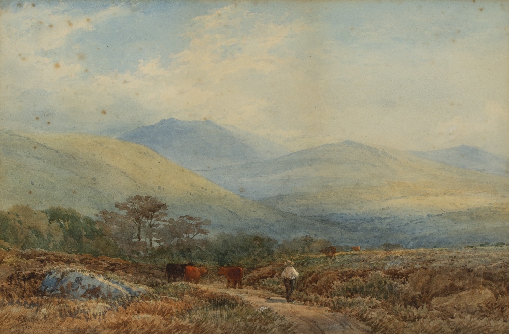 William Williams of Plymouth (1808-1895) A drover with cattle in a hillside landscape signed