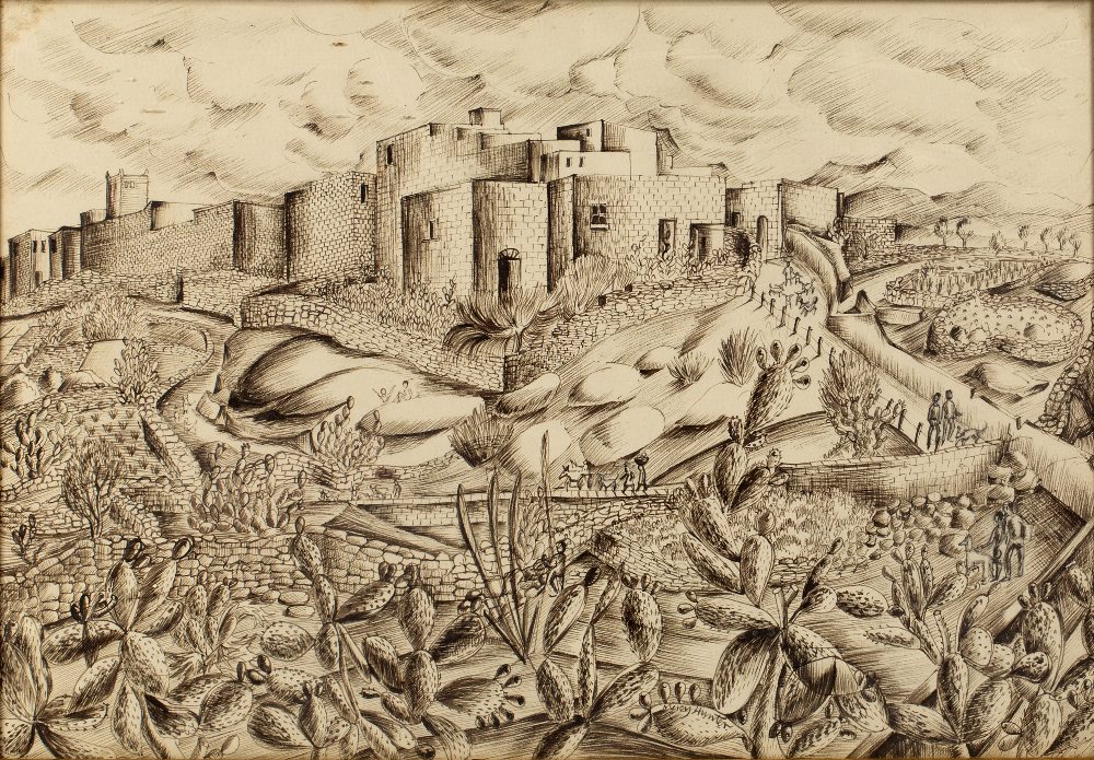 Mercy Hunter (b.1910) Continental walled town signed (to reverse) pen and ink 33 x 47cm. Provenance: