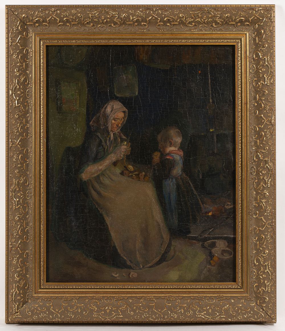 19th Century English School Lady peeling carrots oil on board 45 x 36cm. The old varnish has a - Image 2 of 3