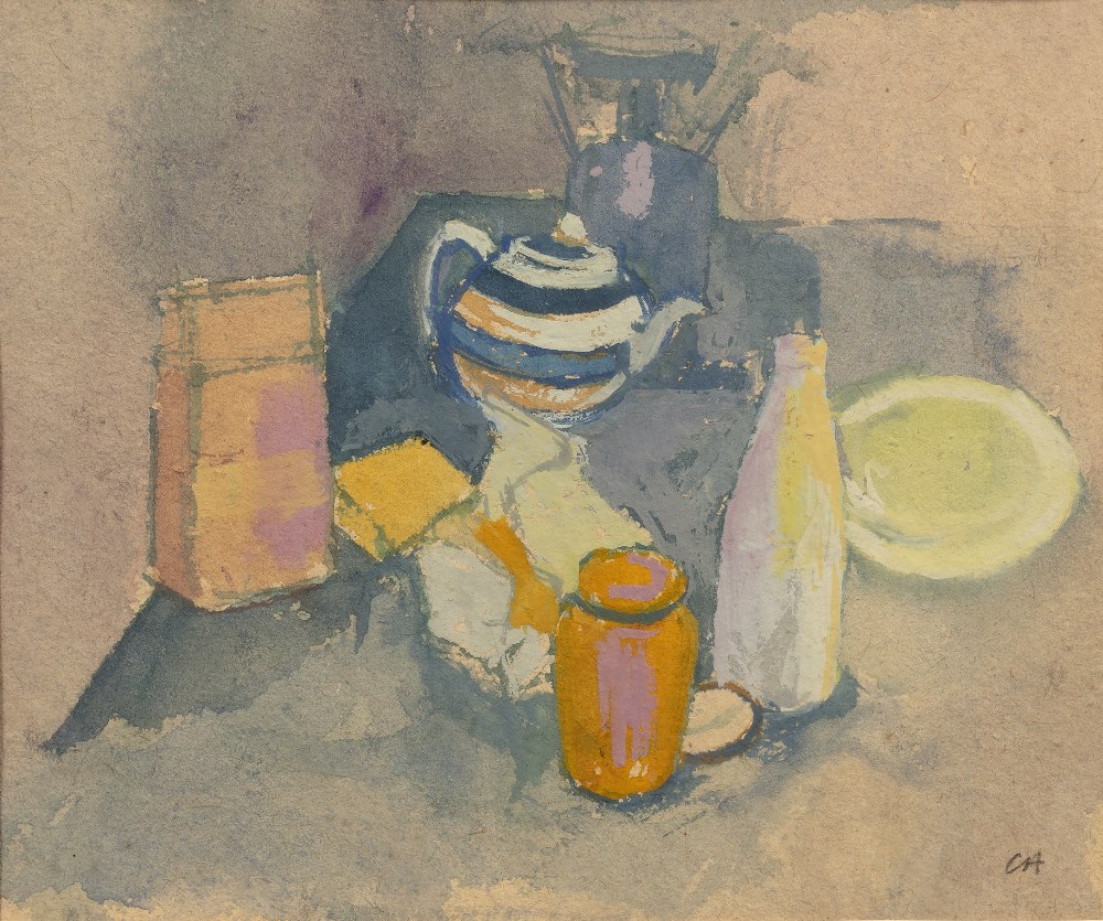 Charlotte Ardizzone (1943-2012) Striped teapot still life signed with initials (lower right) gouache