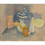 Charlotte Ardizzone (1943-2012) Striped teapot still life signed with initials (lower right) gouache