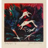 Jean Duncan (1933-2018) 'Cockfight' and 'Summer Garden' both signed, titled and numbered linocut (