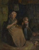 19th Century English School Lady peeling carrots oil on board 45 x 36cm. The old varnish has a