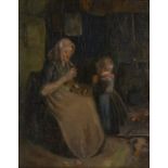 19th Century English School Lady peeling carrots oil on board 45 x 36cm. The old varnish has a