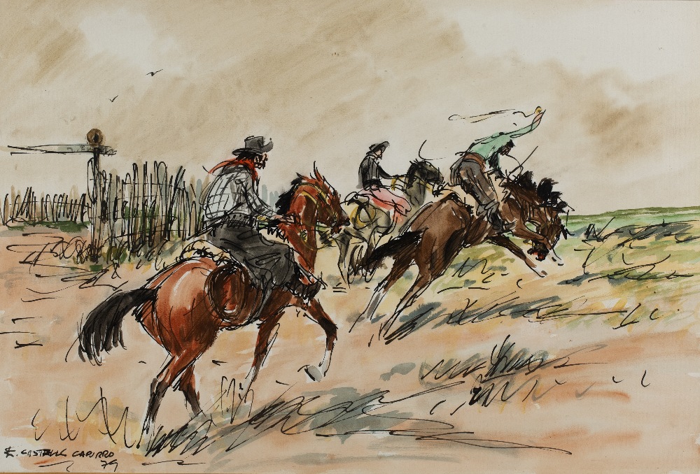 Enrique Castells Capurro (1913-1987) Cowboys on horseback, 1979 signed and dated pen, ink and