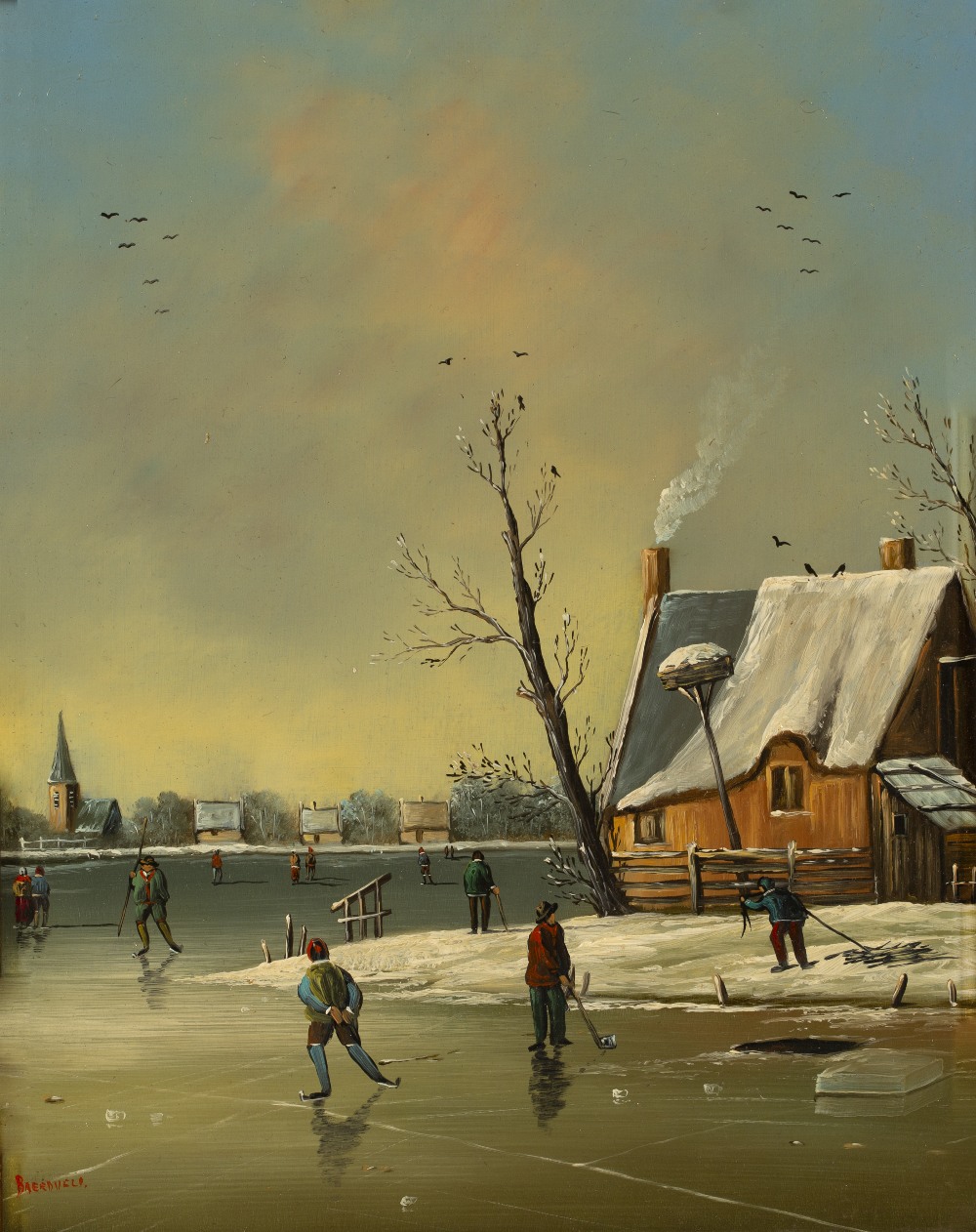 Breeveld (20th Century) A frozen river landscape with skaters signed, oil on panel 24 x 19cm; and