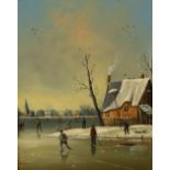 Breeveld (20th Century) A frozen river landscape with skaters signed, oil on panel 24 x 19cm; and