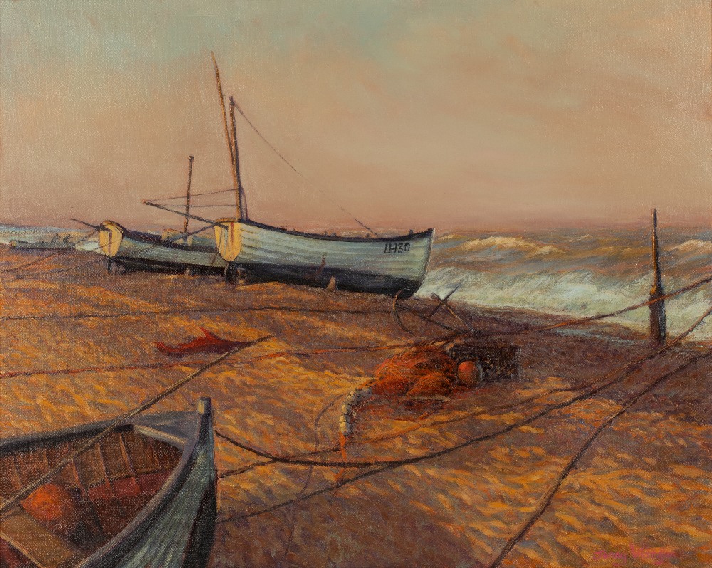 Jenny Morgan (b.1942) Beached Boats at Aldeburgh, an Easterly Breeze signed (lower right), titled (