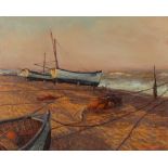 Jenny Morgan (b.1942) Beached Boats at Aldeburgh, an Easterly Breeze signed (lower right), titled (