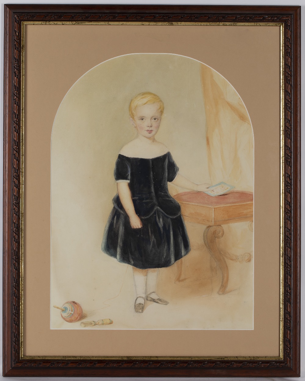 19th Century English School Portrait of a young child, standing beside a stool pencil and - Image 2 of 3