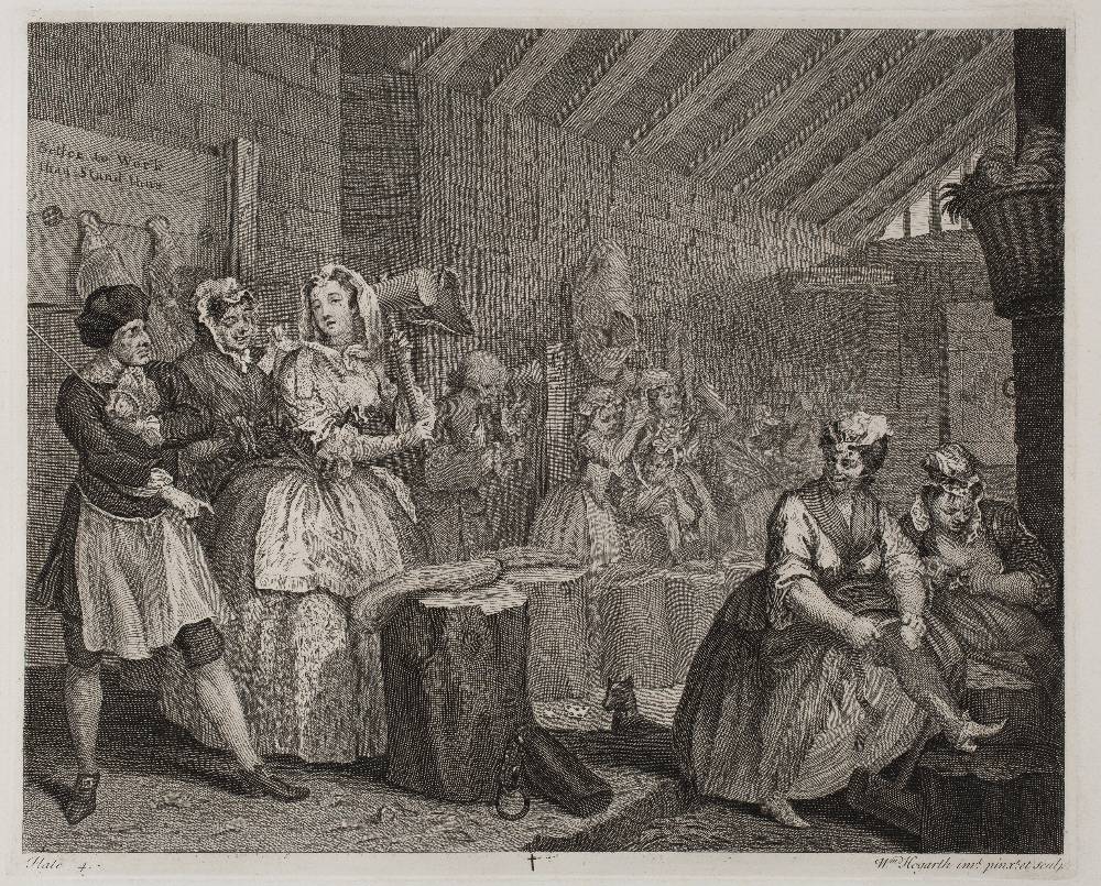 WILLIAM HOGARTH A Harlot's Progress, etchings, plates I-VI on chine applique, 31.5 x 38.5cm, - Image 4 of 6