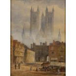 CIRCLE OF SAMUEL PROUT (1783-1852) Lincoln cathedral with market place, watercolour, 29 x 21cm