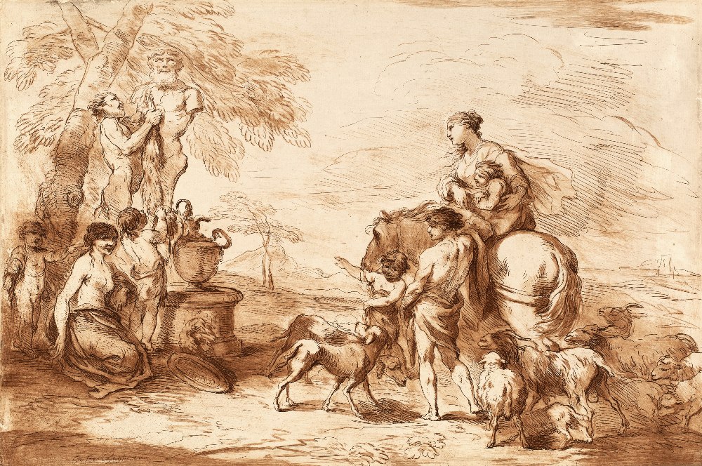 FRANCESCO BARTOLOZZI AFTER G.B. CASTIGLIONE A Satyr dressing a statue of Pan being watched by a