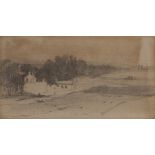 RICHARD PARKES BONINGTON (1802-1828) Houses by a wood on the edge of a heath, pencil, 6 x 11.5cm