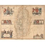 BLAEU Nottinghamshire, engraving with decorative figural title cartouche and armorials, hand-
