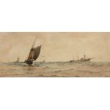 ALBERT ERNEST MARKES (1865-1901) Fishing boat at sea with steamer in the distance, signed,