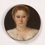 AFTER TITIAN Portrait of Elisabetta Querini, head and shoulders with plaited hair wearing pearl