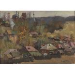 20TH CENTURY RUSSIAN SCHOOL Street scene with rooftops, signed 'Kogoeb T.M. 95r', 48.5 x 68.5cm