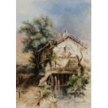 WILLIAM WYLD (1806-1889) Water mill near Versailles, signed and dated 1882, watercolour, 14 x 9.5cm