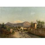 LUSIGNANO DE CUPPIS (19TH/20TH CENTURY) Figures in a street with distant mountainous village, signed