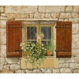 CHRIS WILD (20TH CENTURY) "Window with Brown Shutters", signed, oil on board, 27 x 32cm