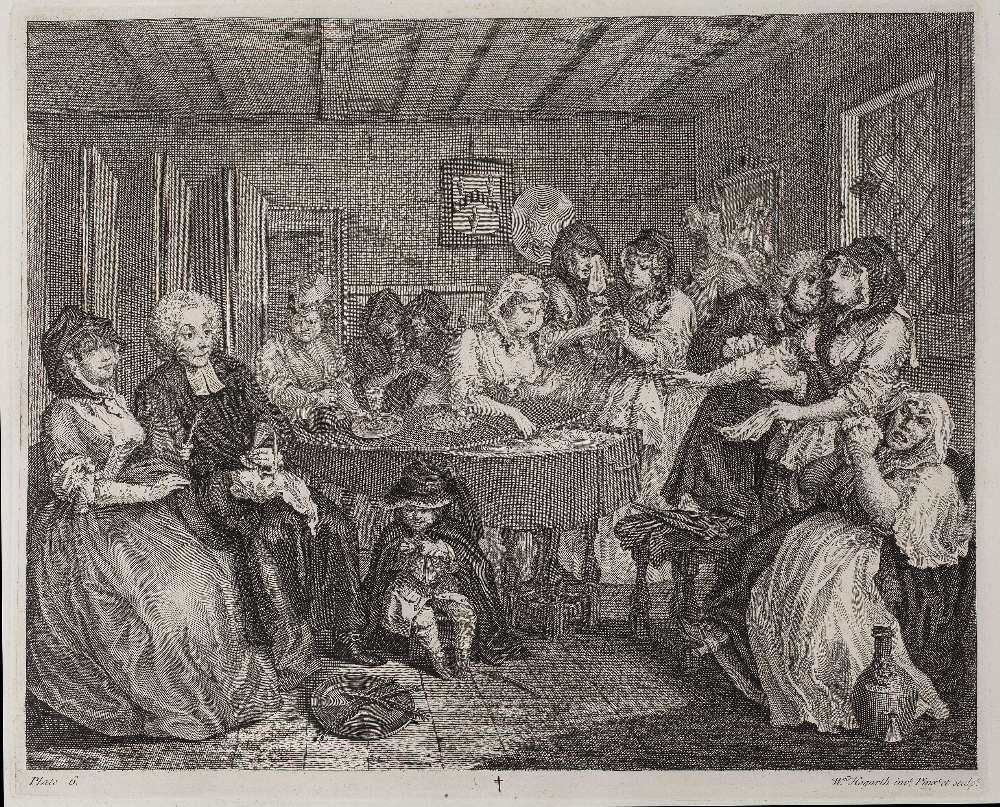 WILLIAM HOGARTH A Harlot's Progress, etchings, plates I-VI on chine applique, 31.5 x 38.5cm, - Image 6 of 6