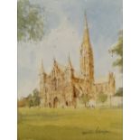 GRENVILLE COTTINGHAM (1943-2007) "Salisbury Cathedral", signed, watercolour, 25 x 19m