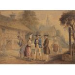 19TH CENTURY CONTINENTAL SCHOOL Peasants near Mannheim, signed with initials ?A.H., watercolour,