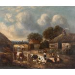 ENGLISH NAIVE SCHOOL (19TH CENTURY) Figures, cattle, pigs and poultry in a farmyard, oil on