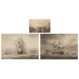 19TH CENTURY ENGLISH SCHOOL A man o' war in full sail and further shipping, a pair, etchings with