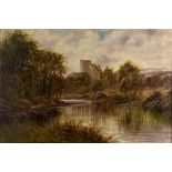 J * JONES River landscape with ruined tower, signed, oil on canvas, 49 x 75cm